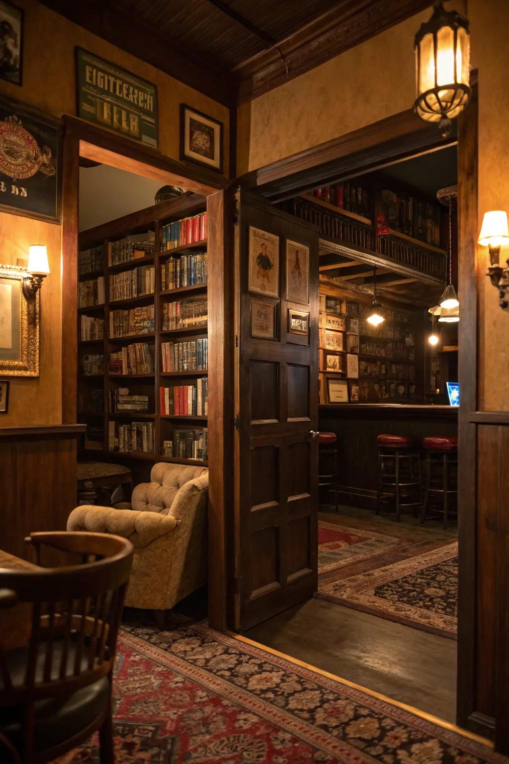 A clandestine entrance enhances the sense of intrigue and exclusivity within your private speakeasy.