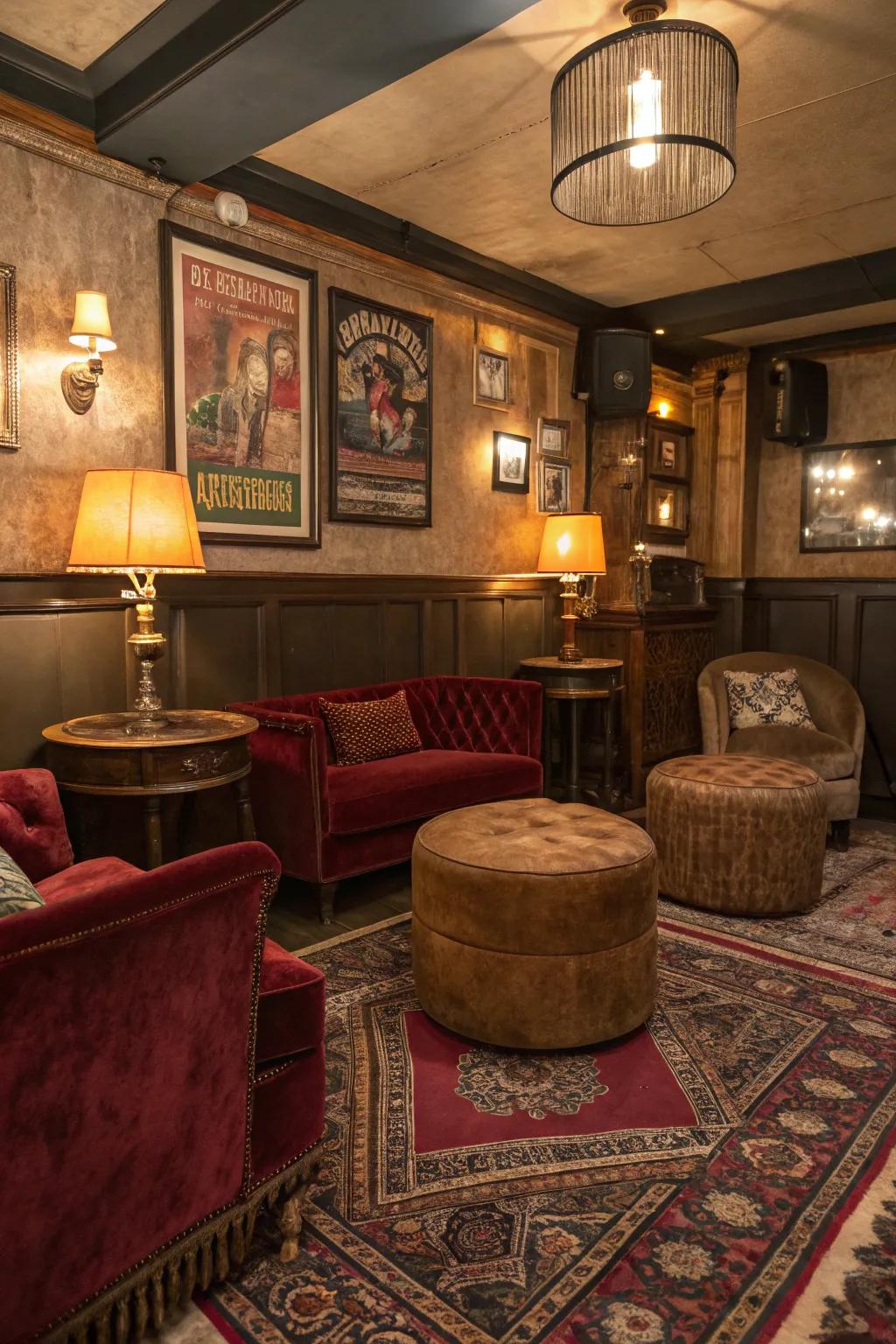 Luxurious textures introduce comfort and elegance to your residential speakeasy.