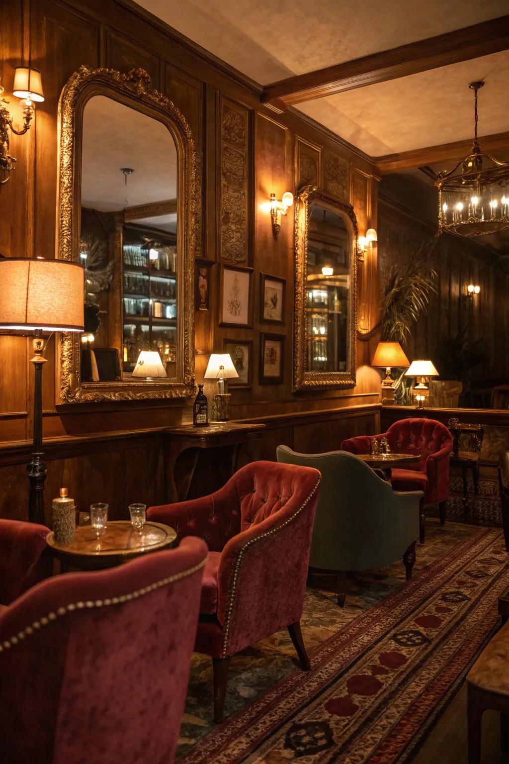 Mirrors enhance illumination and space within your speakeasy.