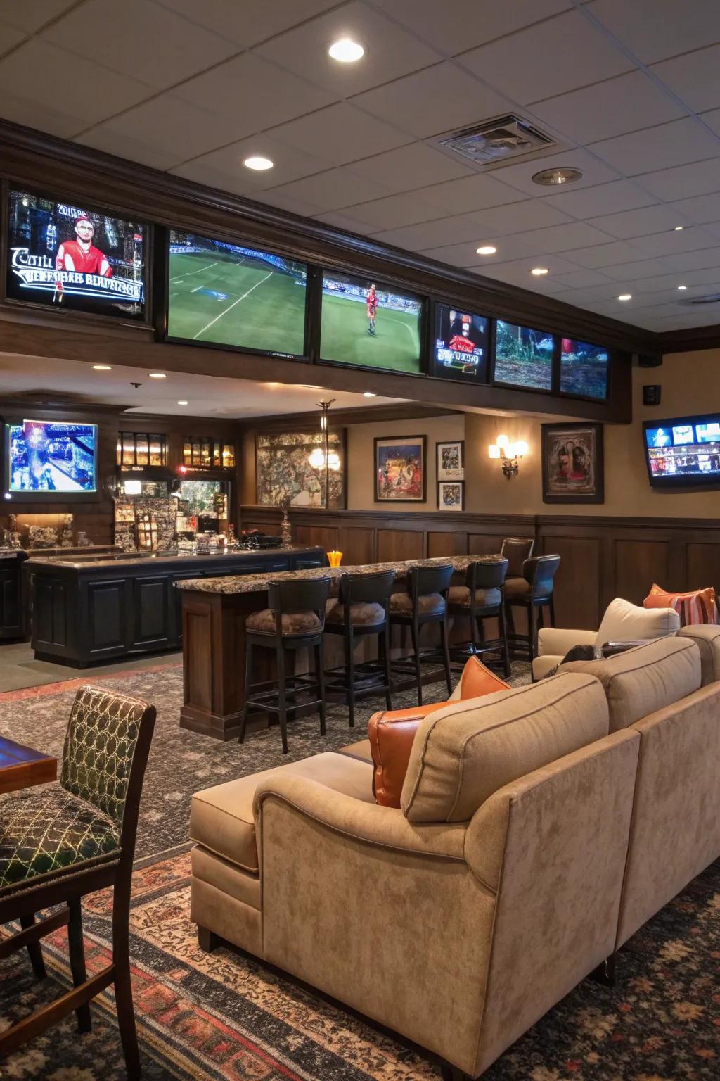 Partake in the athletic event within a sports bar configuration ensconced in your man cave.