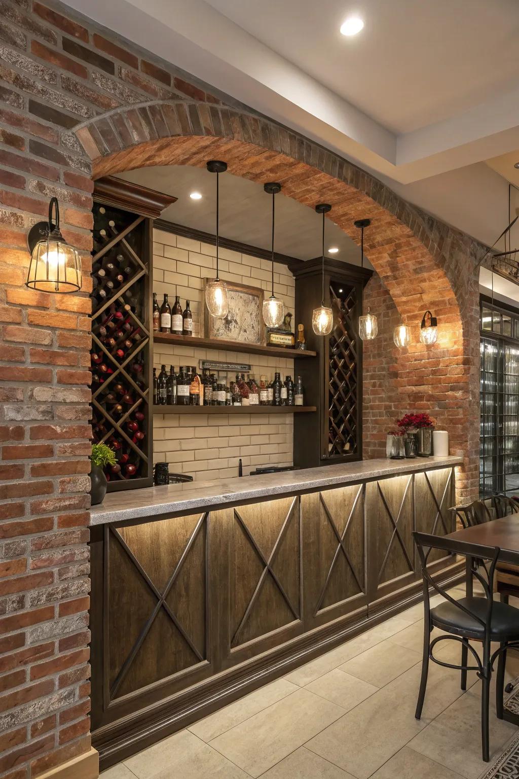 A built-in wine rack adds elegance to a brick wall bar.