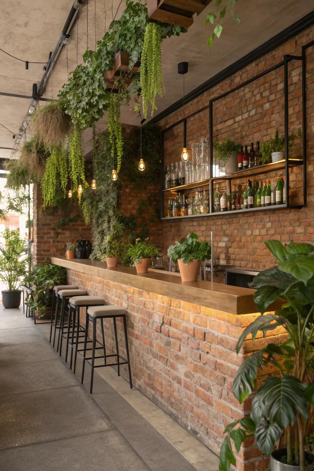 Greenery brings freshness to a rustic brick wall bar.
