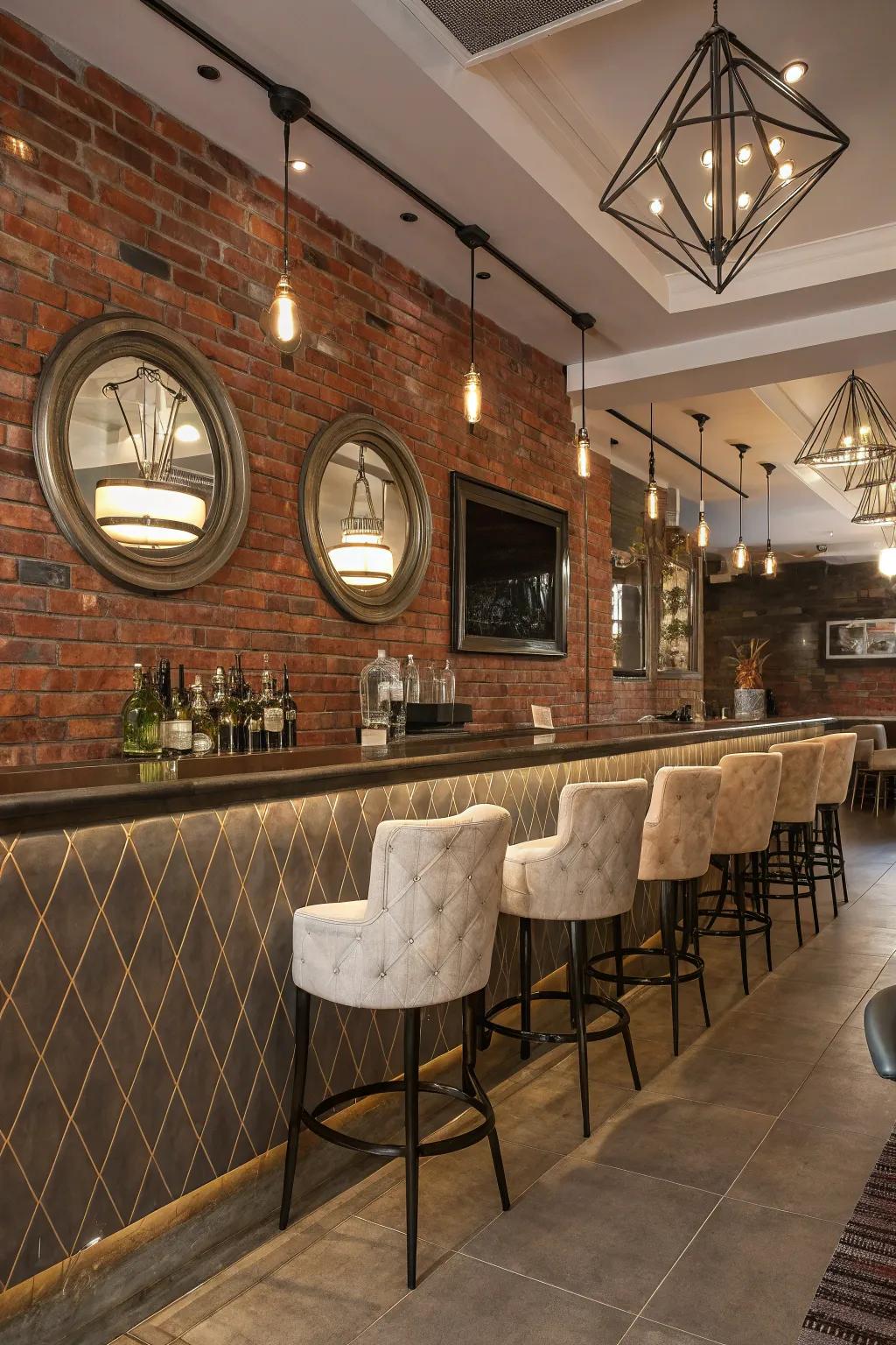Mirrored accents enhance the spacious feel of a brick wall bar.