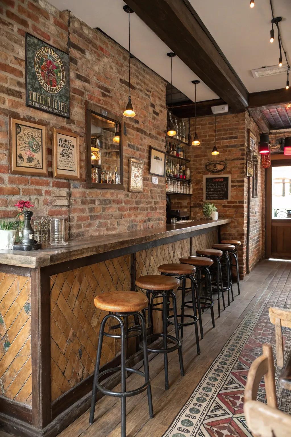 Vintage bar stools add character to a brick wall bar.