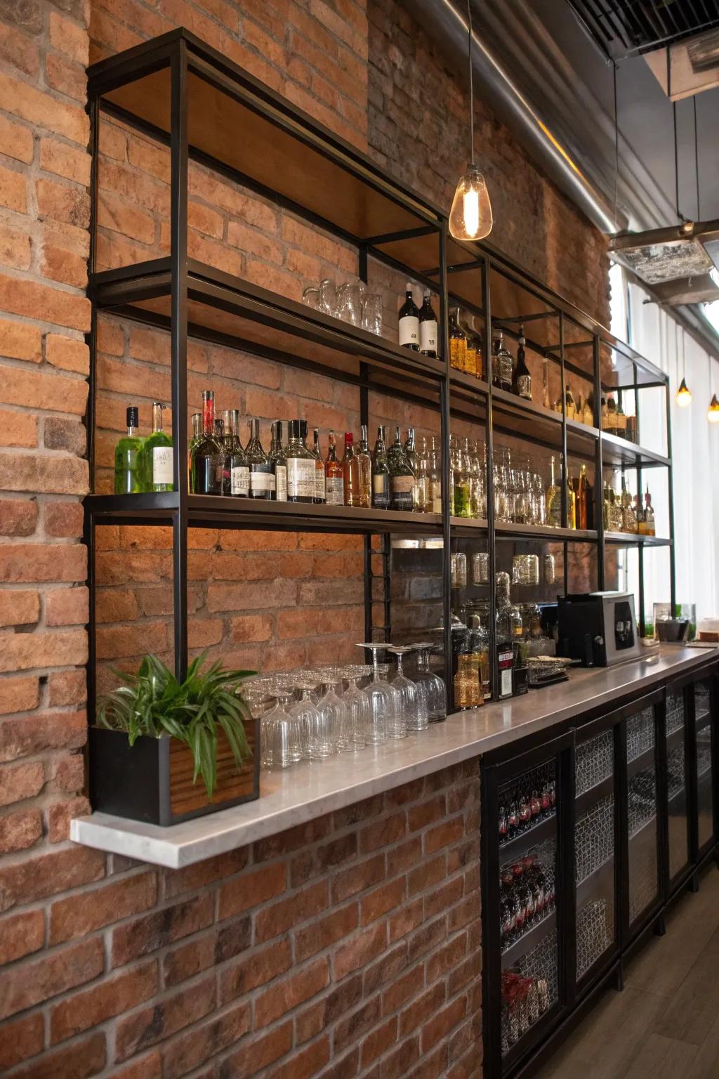 Industrial-style bar with metal shelving against a brick wall.