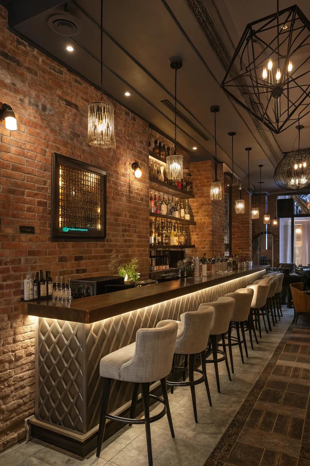 Artistic lighting adds drama to a stylish brick wall bar.