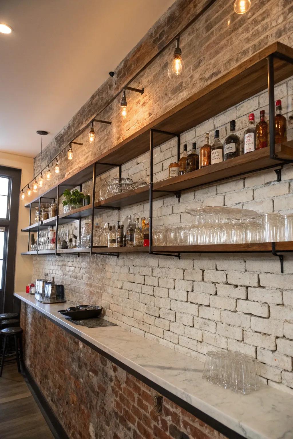 Floating shelves display glassware elegantly on a brick wall.