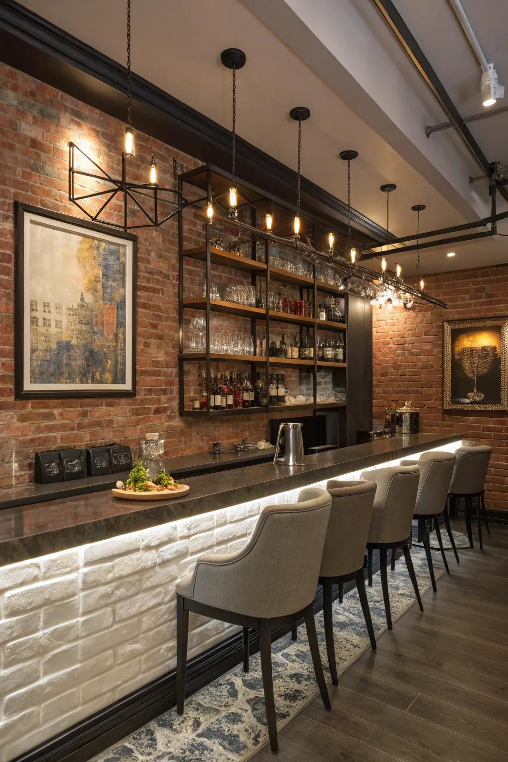 Smart storage solutions keep a brick wall bar tidy and stylish.