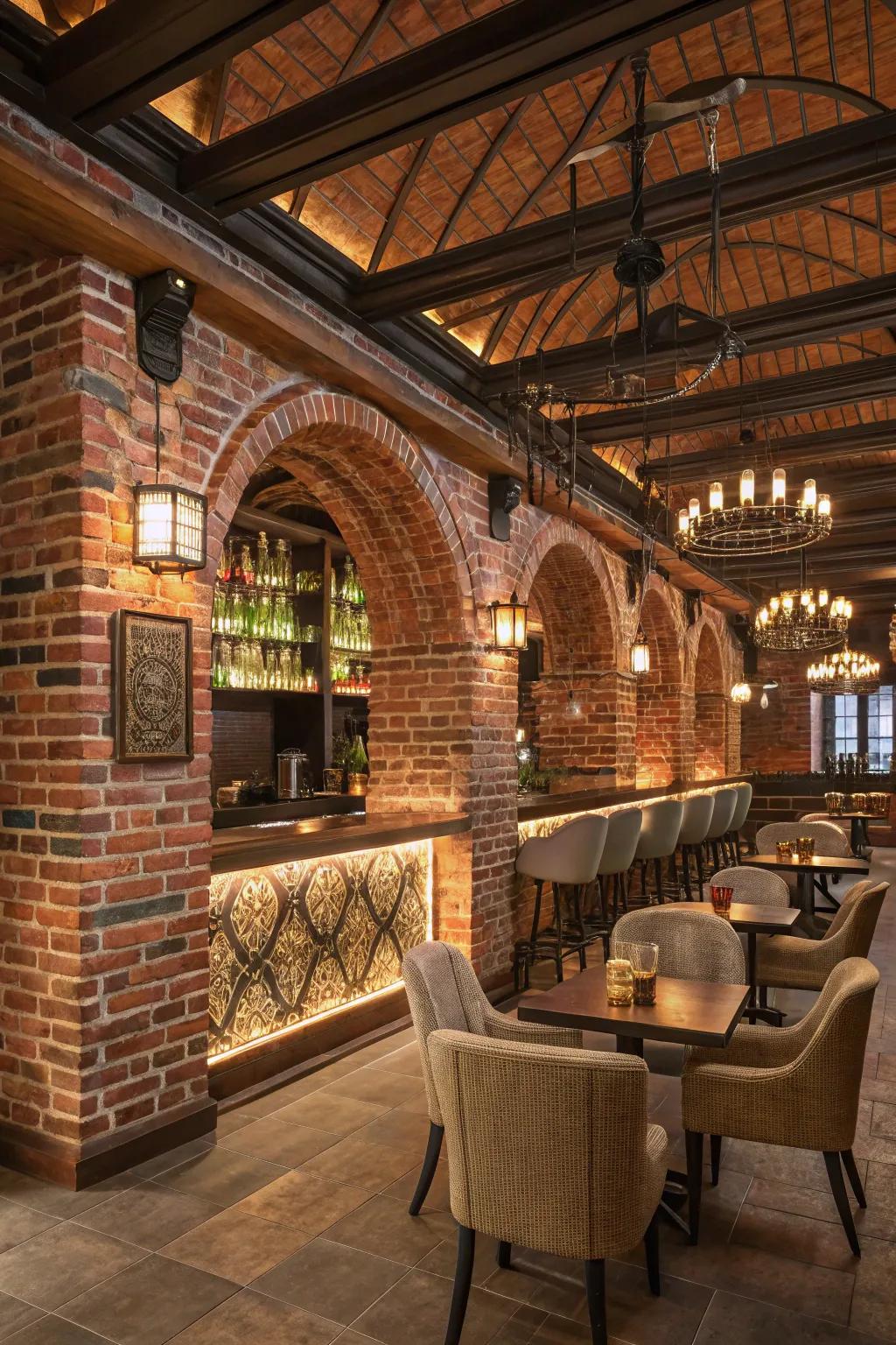 Architectural details enhance the sophistication of a brick wall bar.