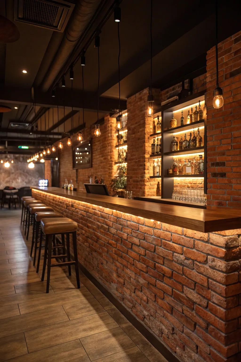 Elegant bar with wood countertops against a classic brick wall.