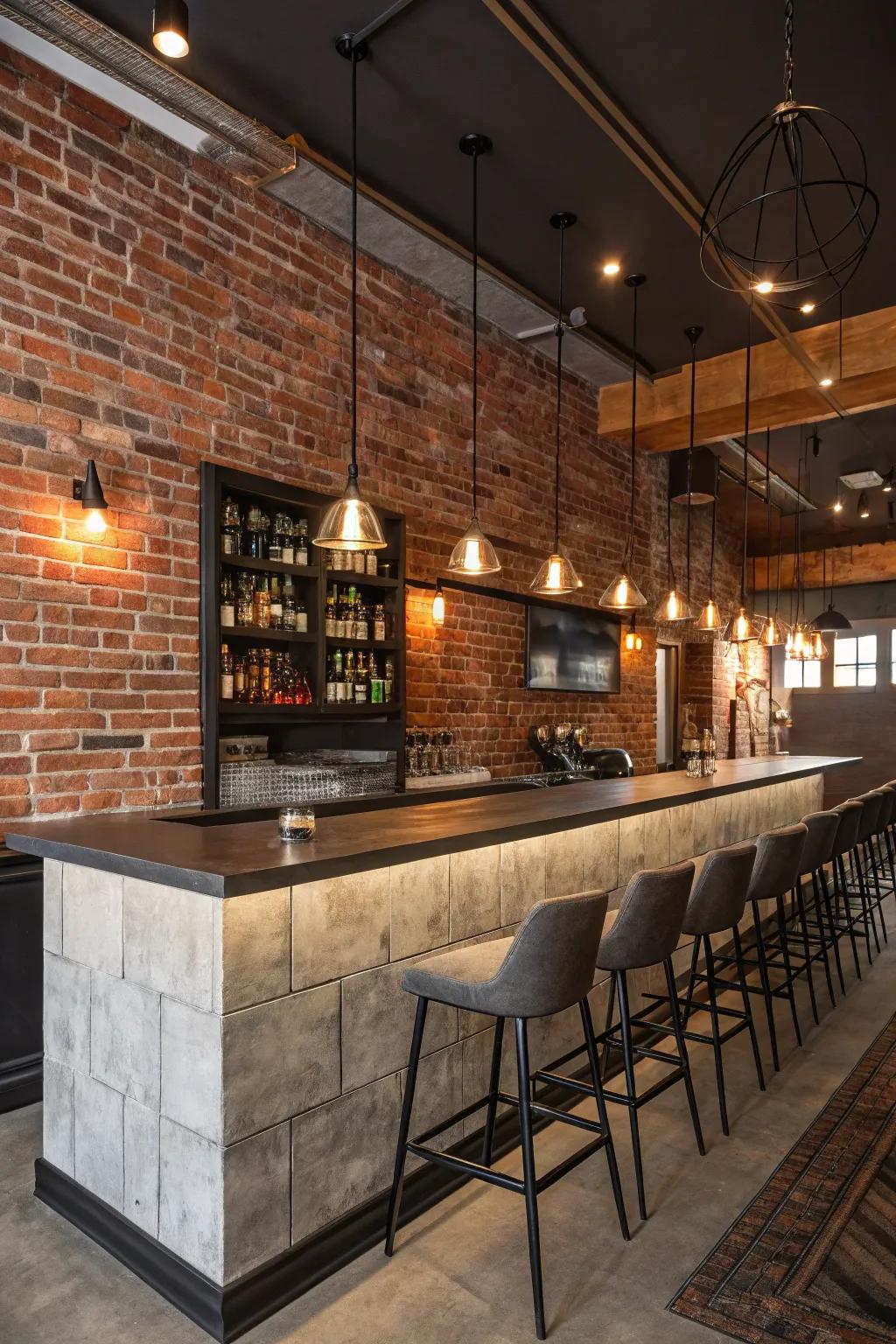 Modern bar with pendant lighting enhancing the brick wall's texture.
