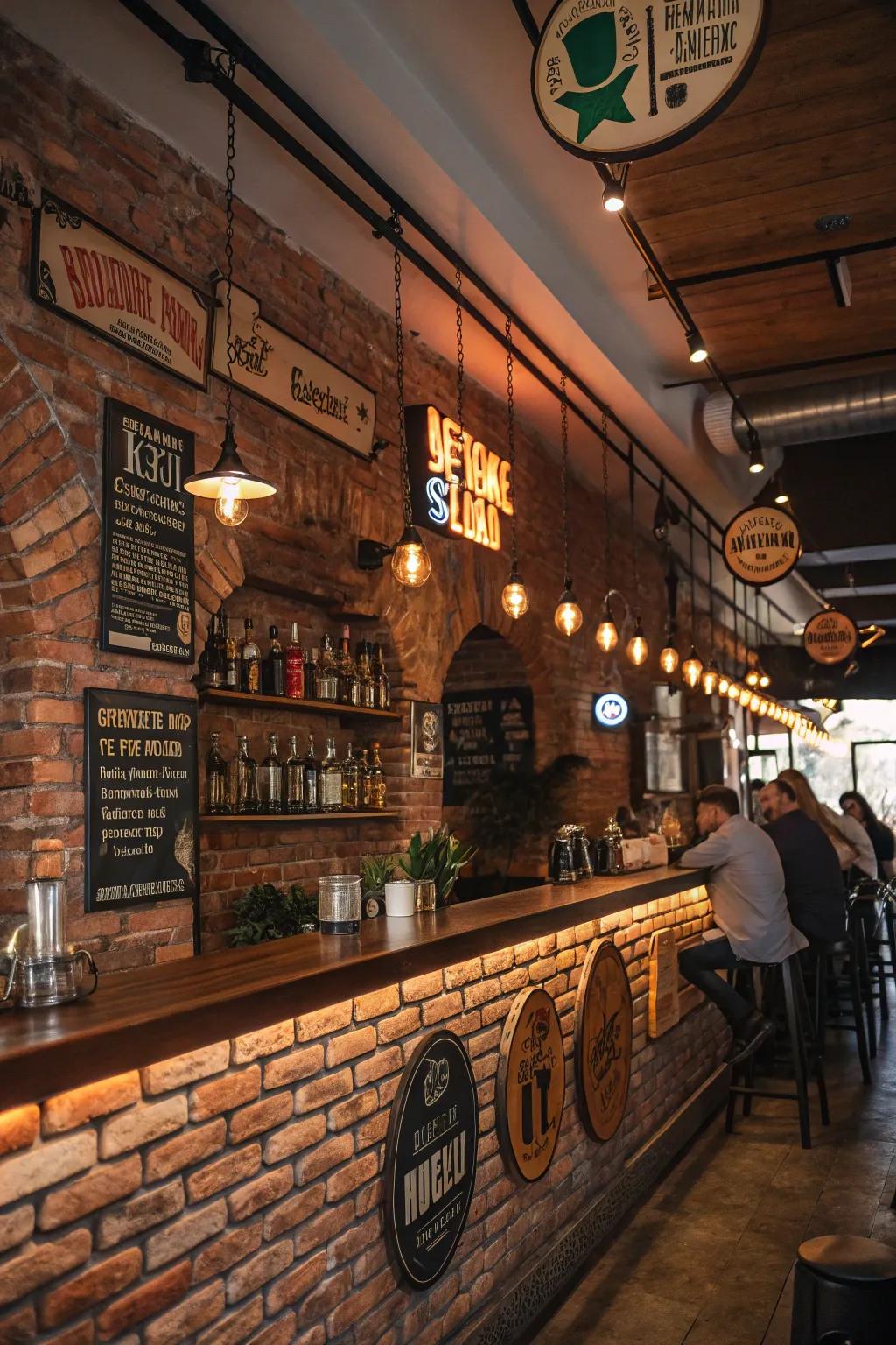 Decorative signs add personality to a brick wall bar.