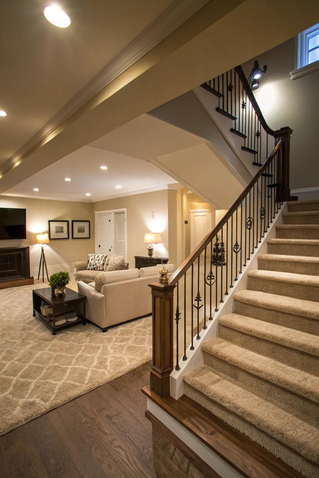 A staircase design that seamlessly blends with the living room decor.