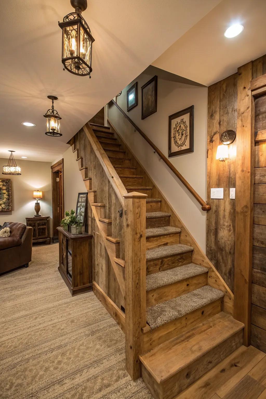 Reclaimed wood and rustic elements for a cozy and inviting staircase.