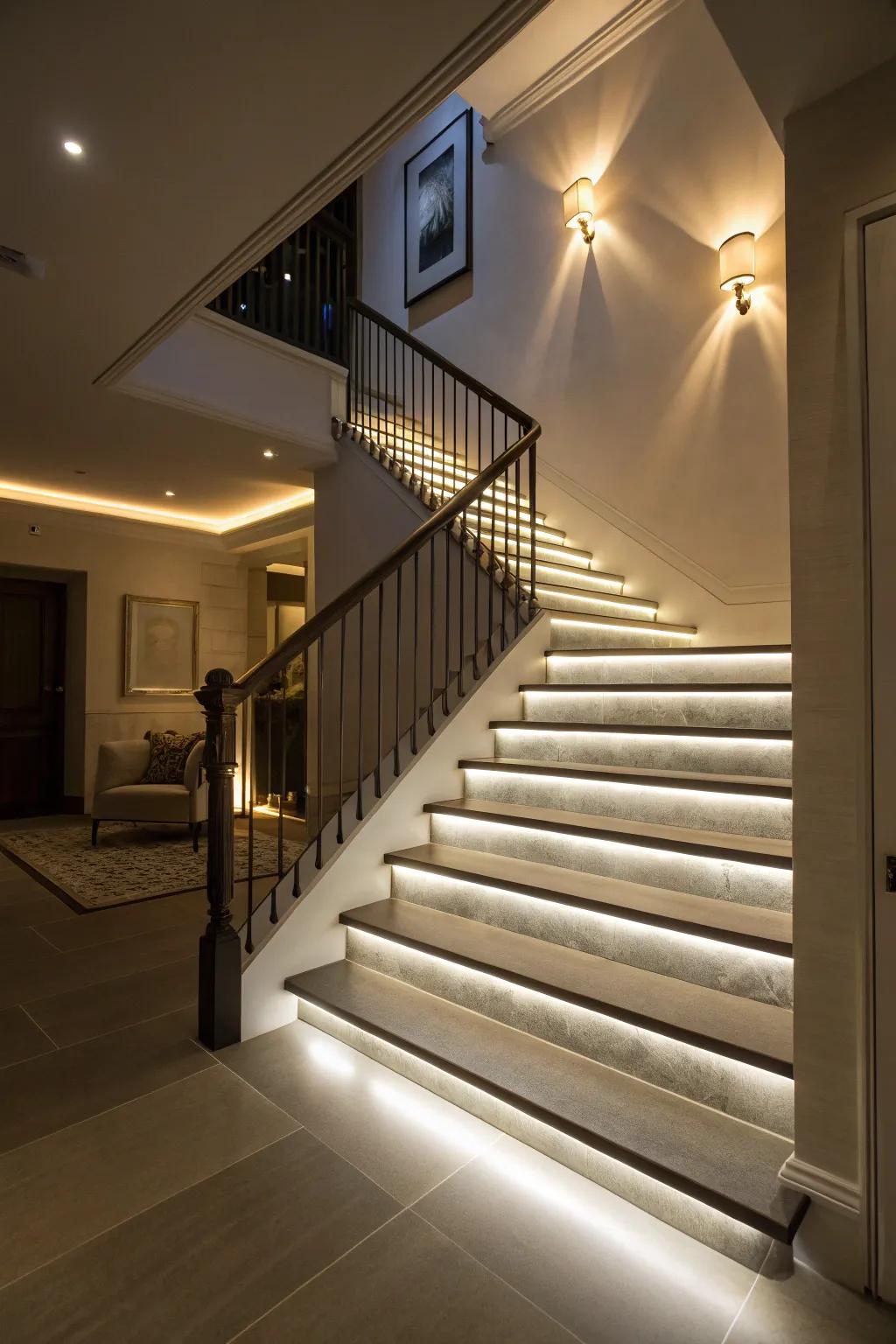 Hidden lighting adds drama and elegance to the staircase.