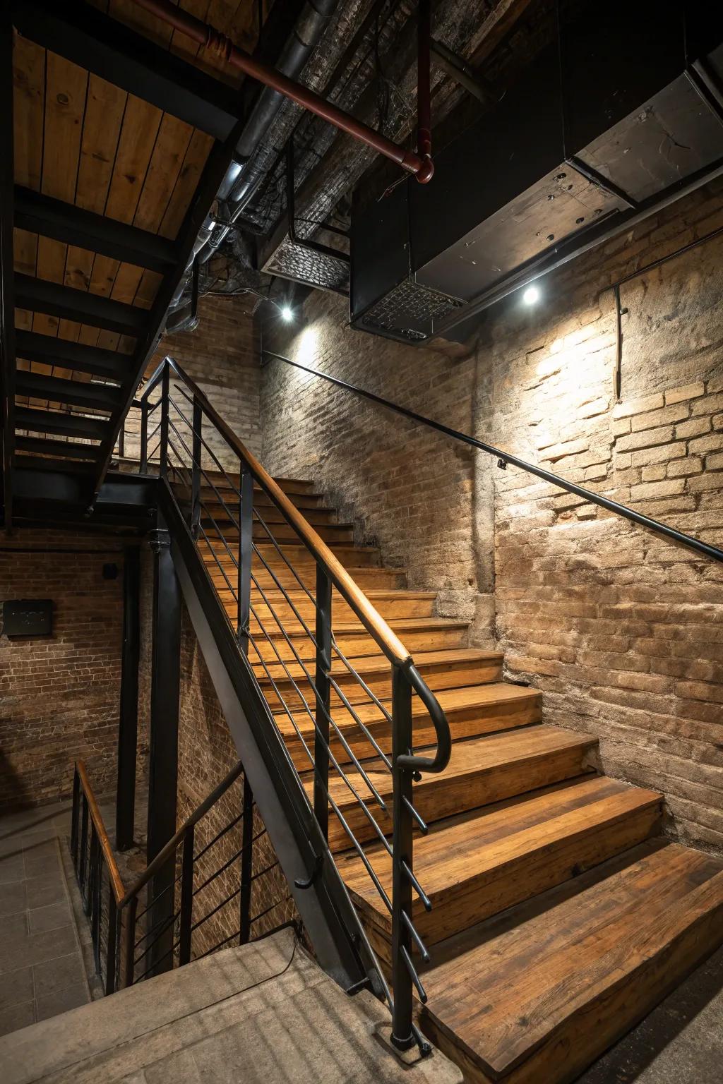 Wooden steps paired with metal railings for an industrial yet rustic appeal.
