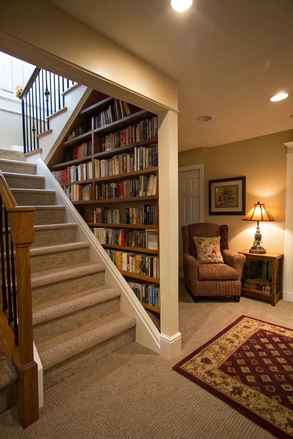 A cozy library nook under the steps adds character and functionality.