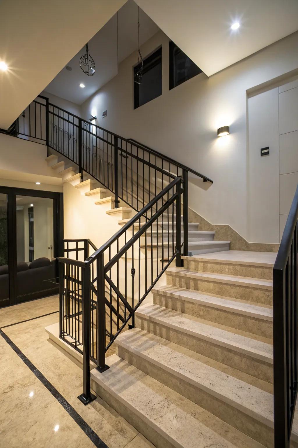 Black railings against light steps for a striking contrast.