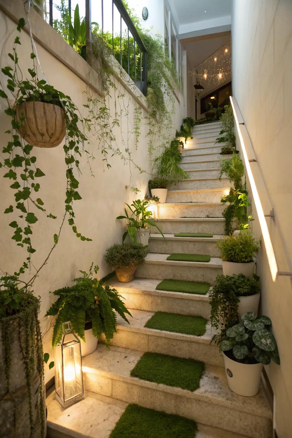 Trailing plants around the staircase bring in natural beauty.