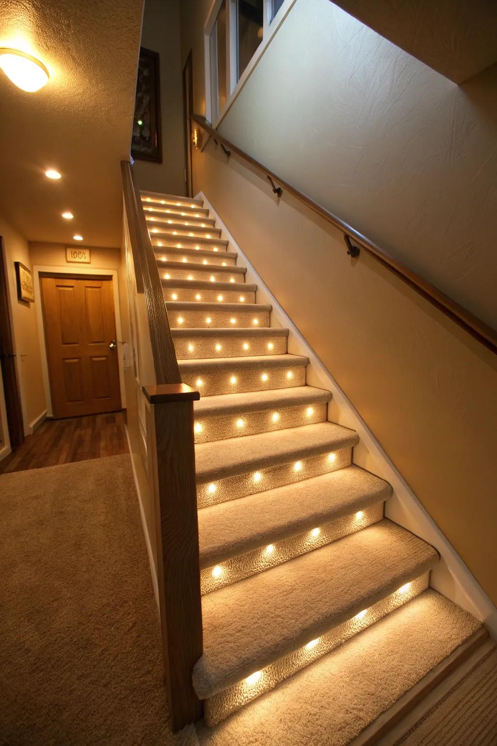 Under-stair LED lights add both safety and a cozy ambiance.