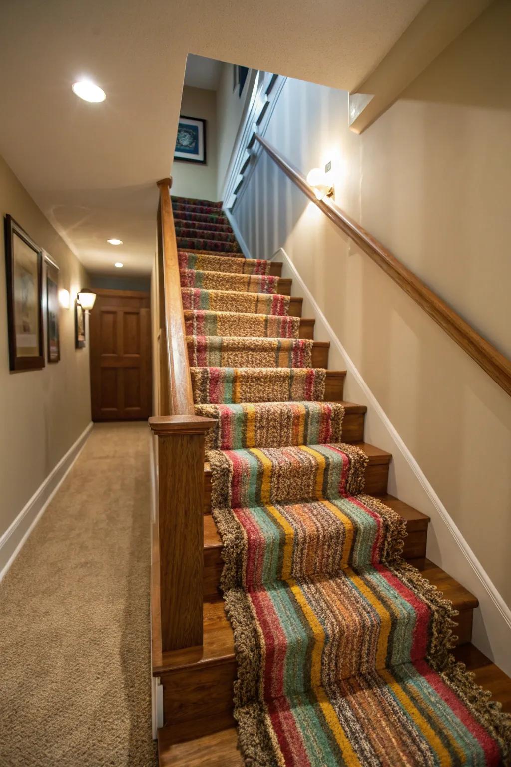 A colorful stair runner adds texture and warmth to the staircase.