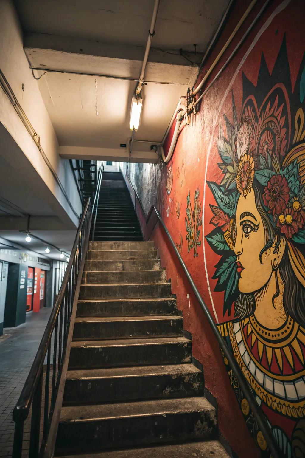 A bold mural on the staircase wall creates an artistic focal point.