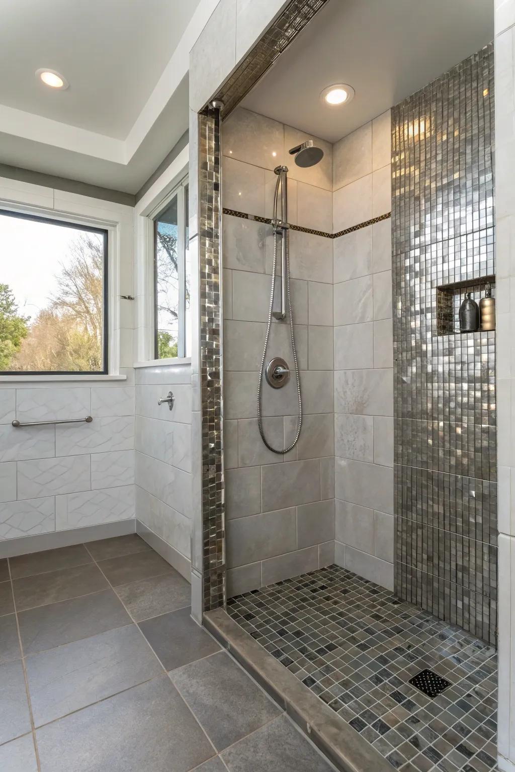 Reflective metal highlights impart subtle glamour to this curbless shower.