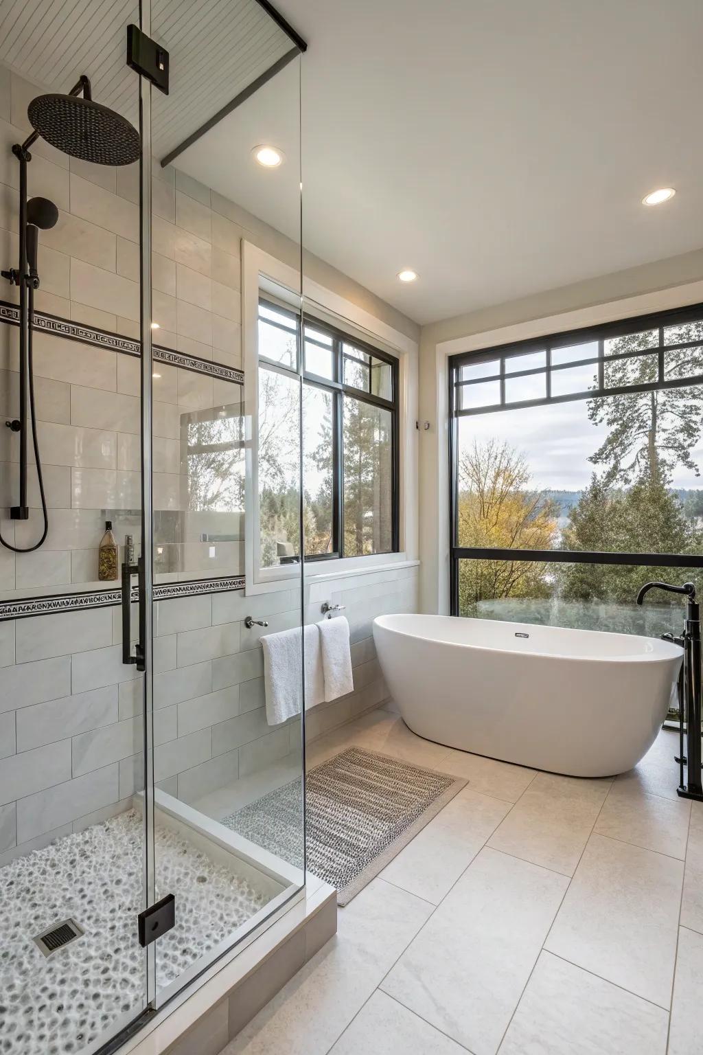 A freestanding tub complements the opulent character of this curbless shower.