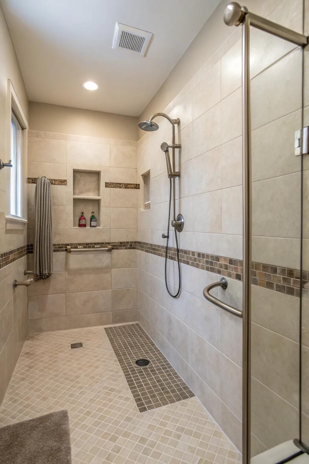 In this thoughtfully conceived curbless shower, accessibility converges with style.