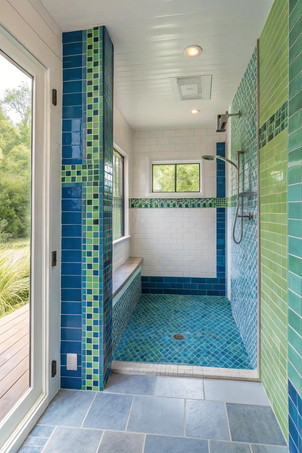 Striking shade accents inject vivacity and individuality into this curbless shower.