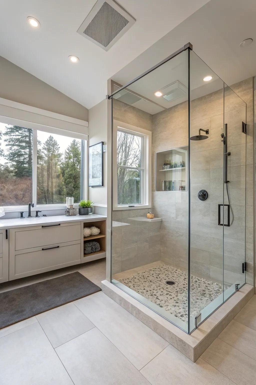 The implementation of frameless glass transforms this bathroom into a spacious, chic retreat.