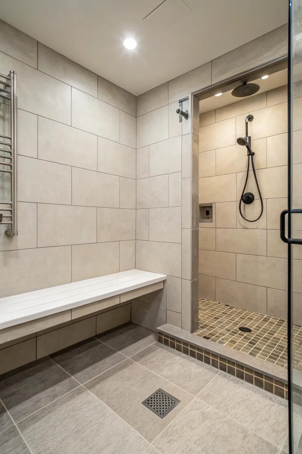 A built-in seating area enhances convenience and a spa-like character within this shower.