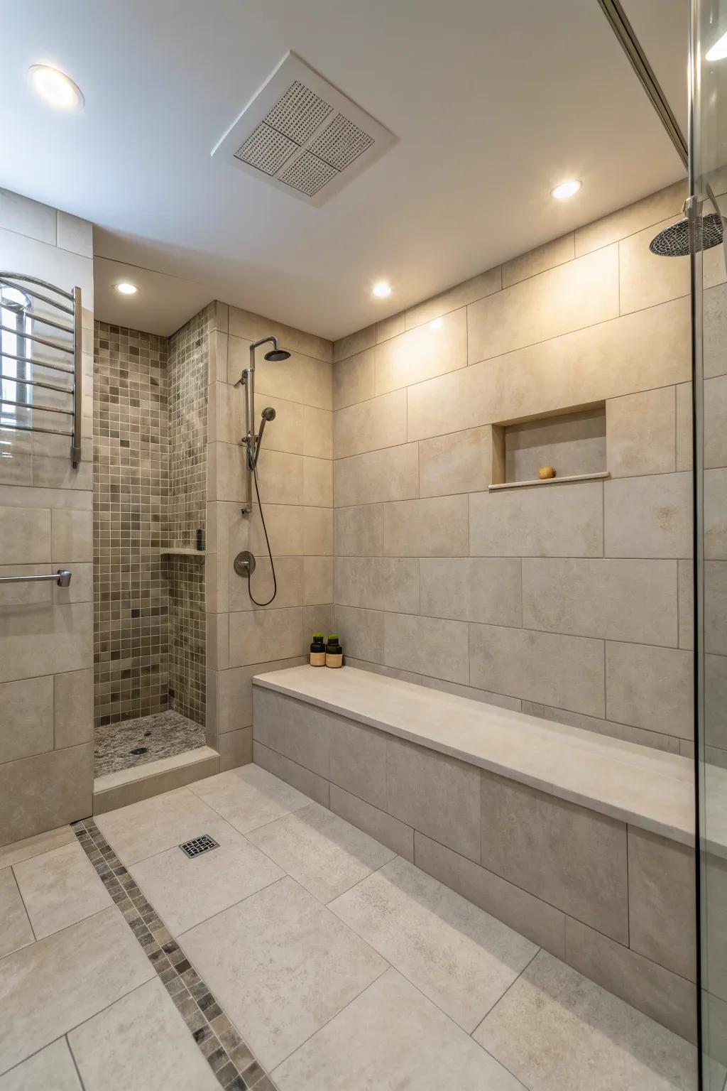 Subdued shades lend this curbless shower an aura of serenity and openness.