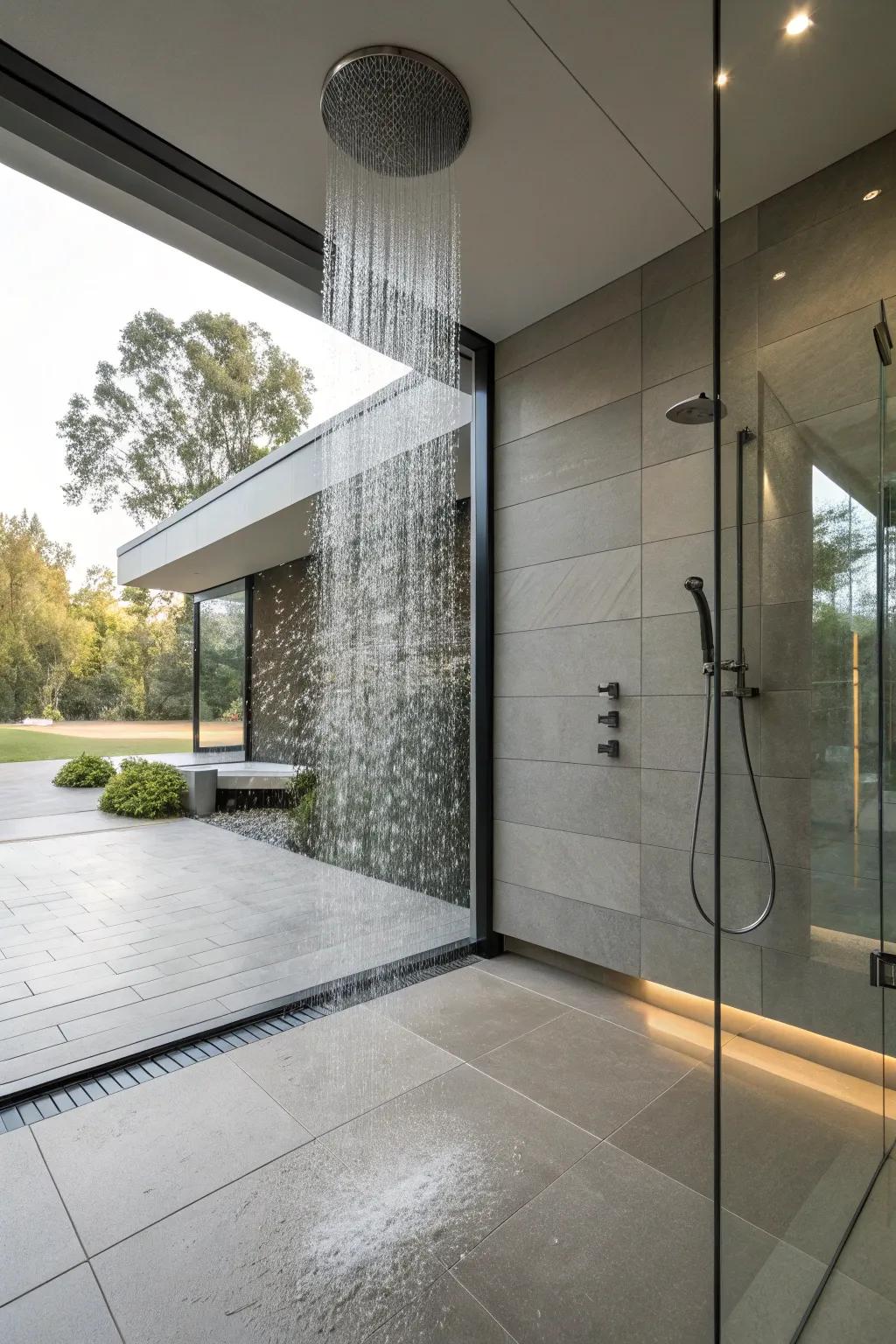 The inclusion of a rainfall showerhead enhances the bathing experience within this curbless shower.