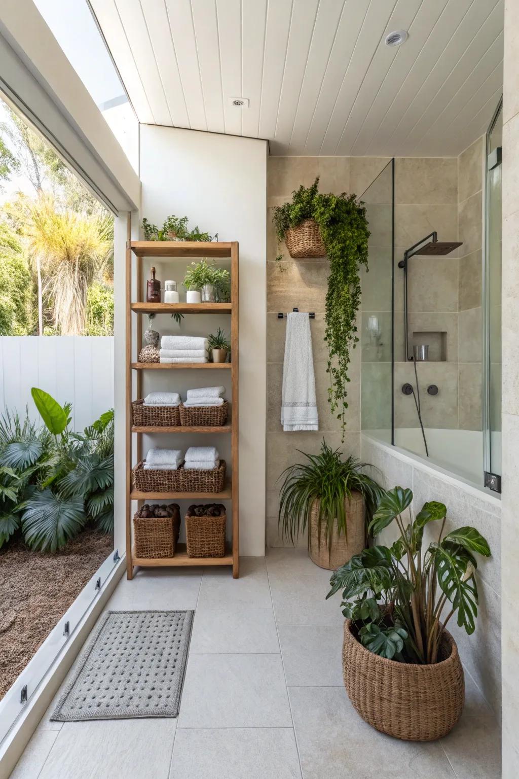 Decorative elements impart character and coziness to this curbless shower.