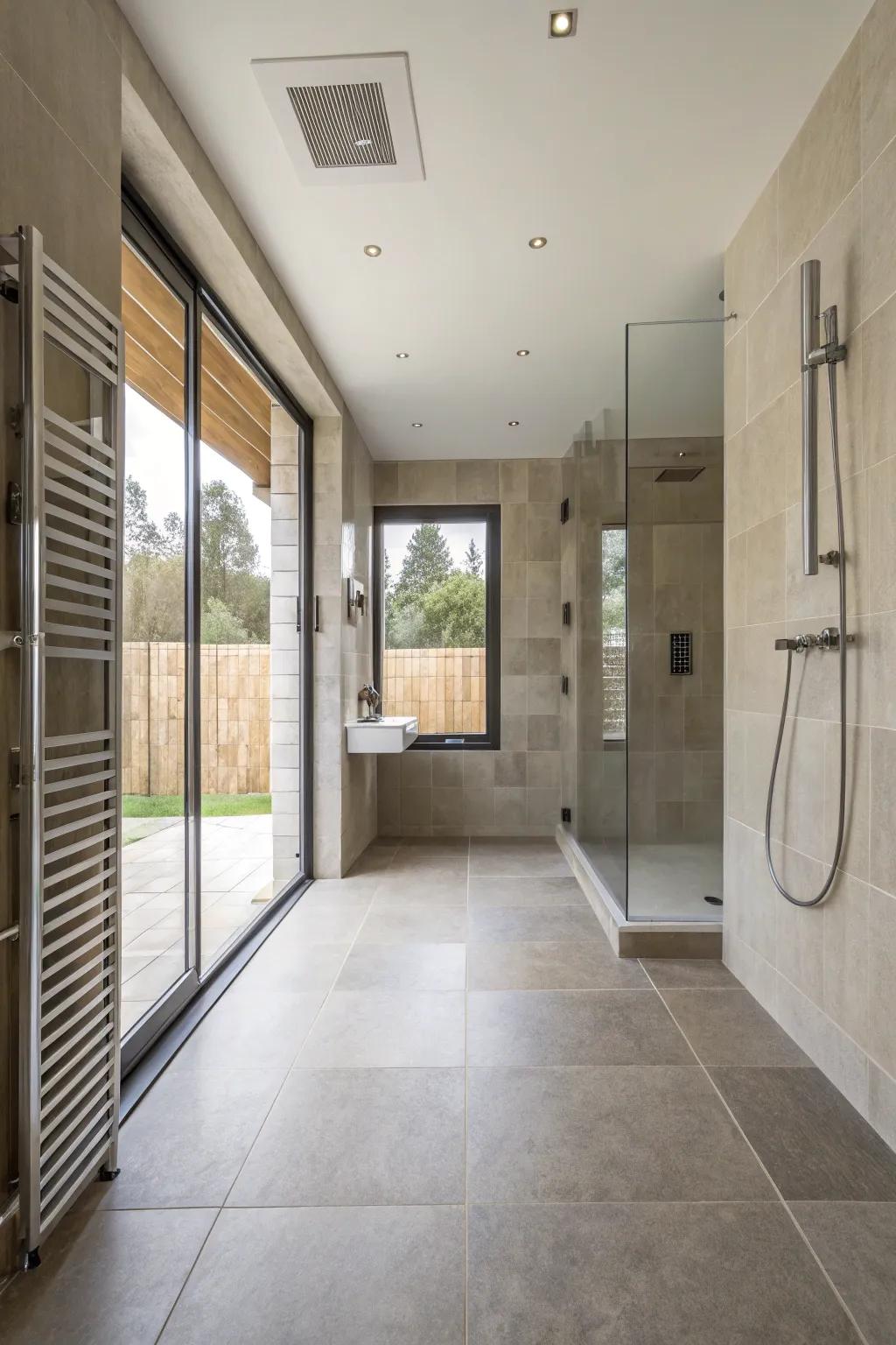 A wet room design organically unites the shower space with the remainder of the bathroom.