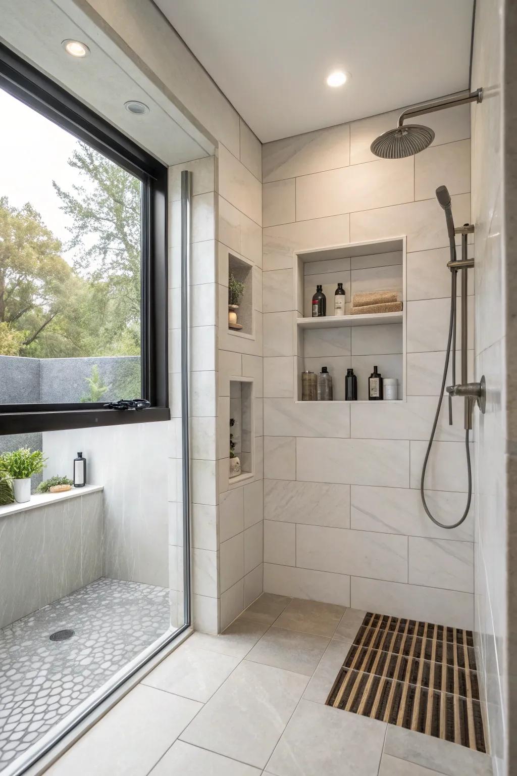 A shower recess merges both style and utility in this streamlined shower blueprint.