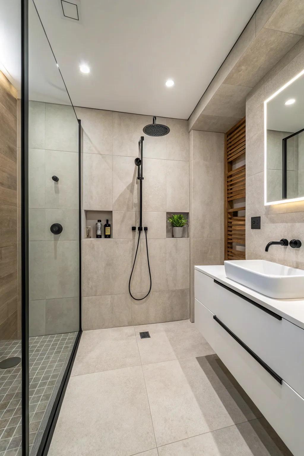 Minimalism is epitomized within this pristine, uncluttered curbless shower.