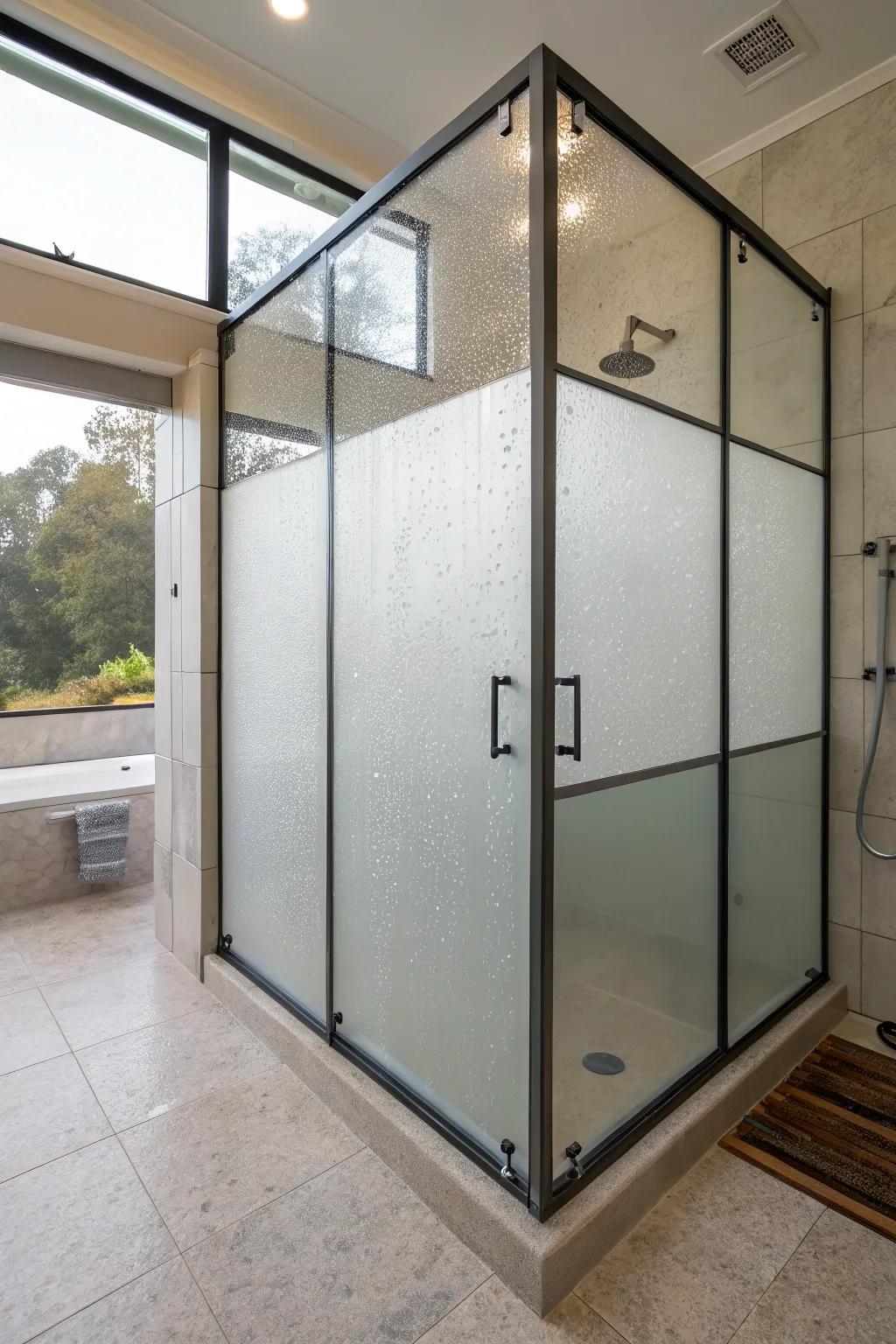 Obscured glass panels ensure privacy while sustaining a radiant atmosphere.