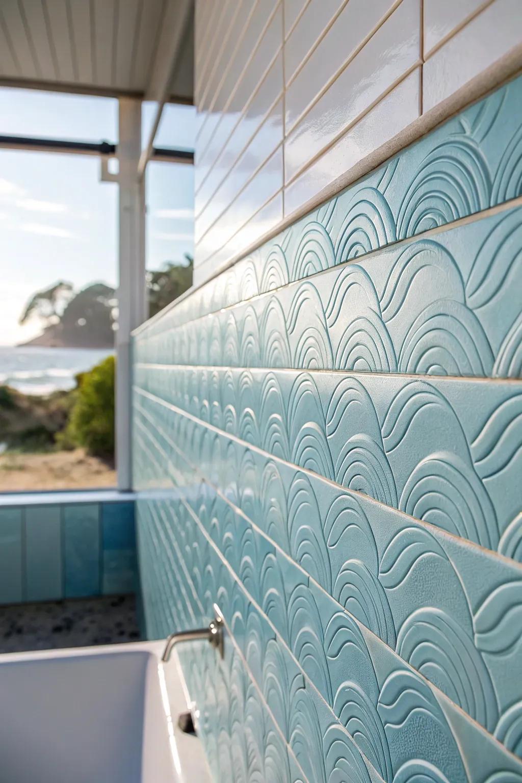 Introduce the coast's tactile dimension inside with wave-mimicking tiles.