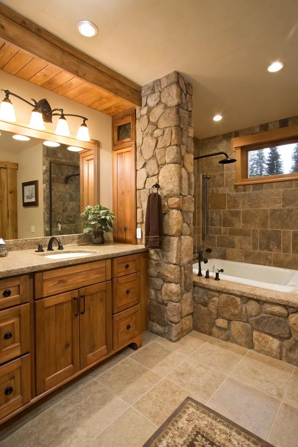 Wooden accents and natural stone features coalesce to create a warm, welcoming bathroom.