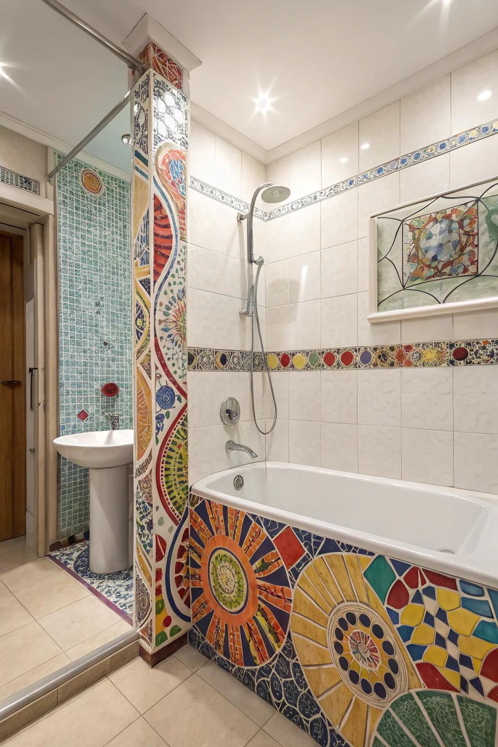 Vibrant mosaic tiles inject a burst of color and character into this tub and shower space.