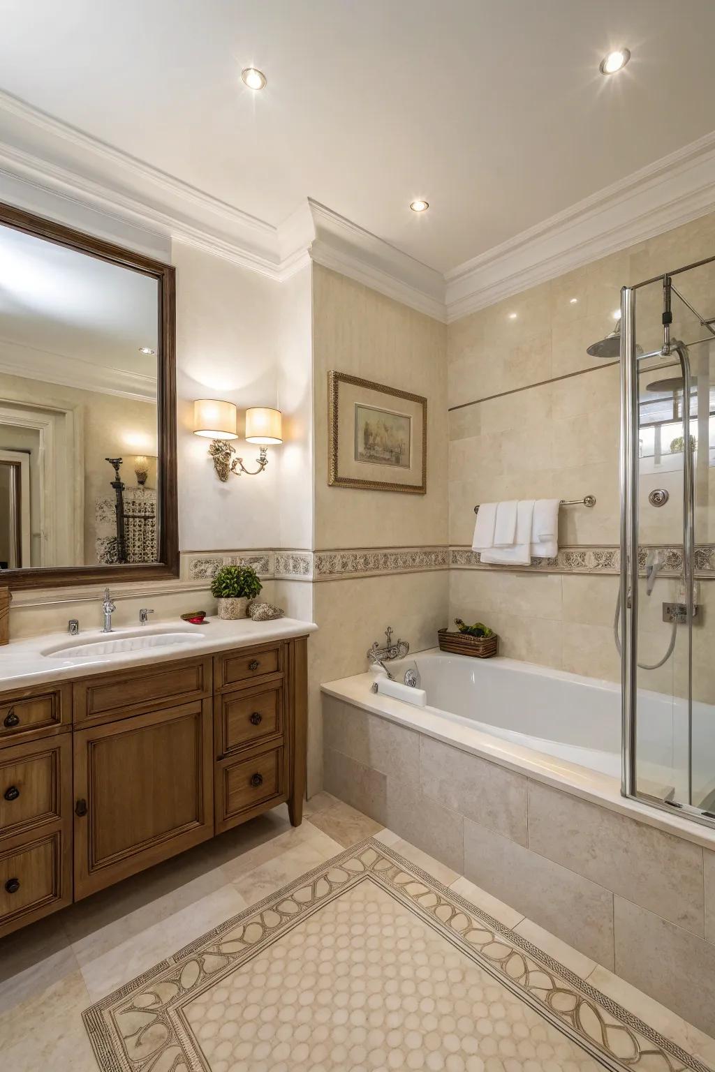 A neutral color palette engenders a serene and opulent bathroom atmosphere.