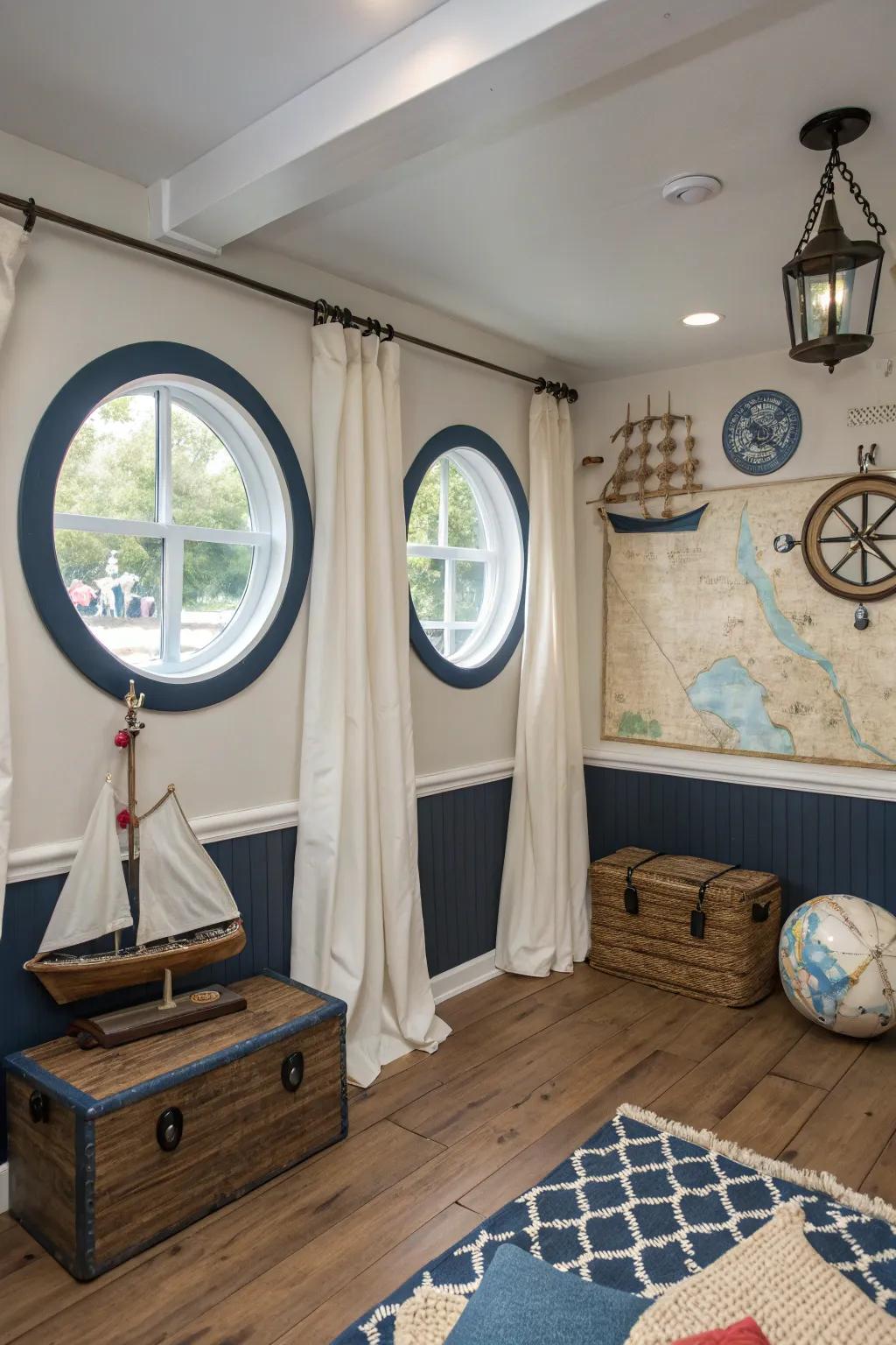 A nautical theme adds a unique and relaxing atmosphere to your bonus room.