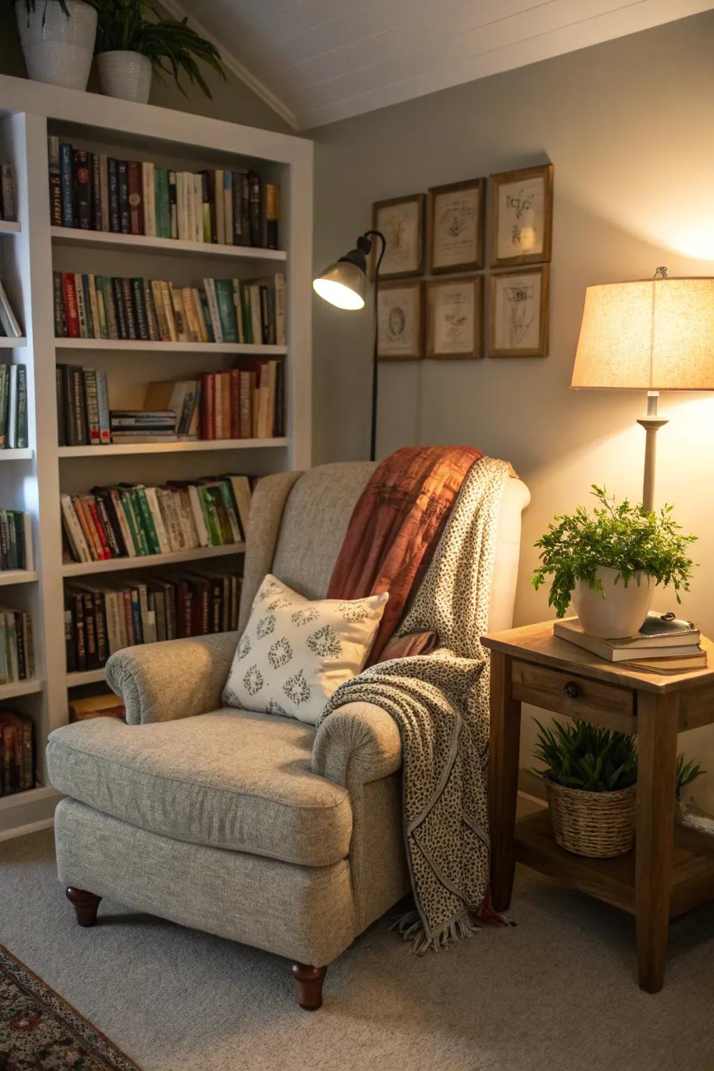 Create a reading haven in your bonus room with plush seating and well-organized bookshelves.