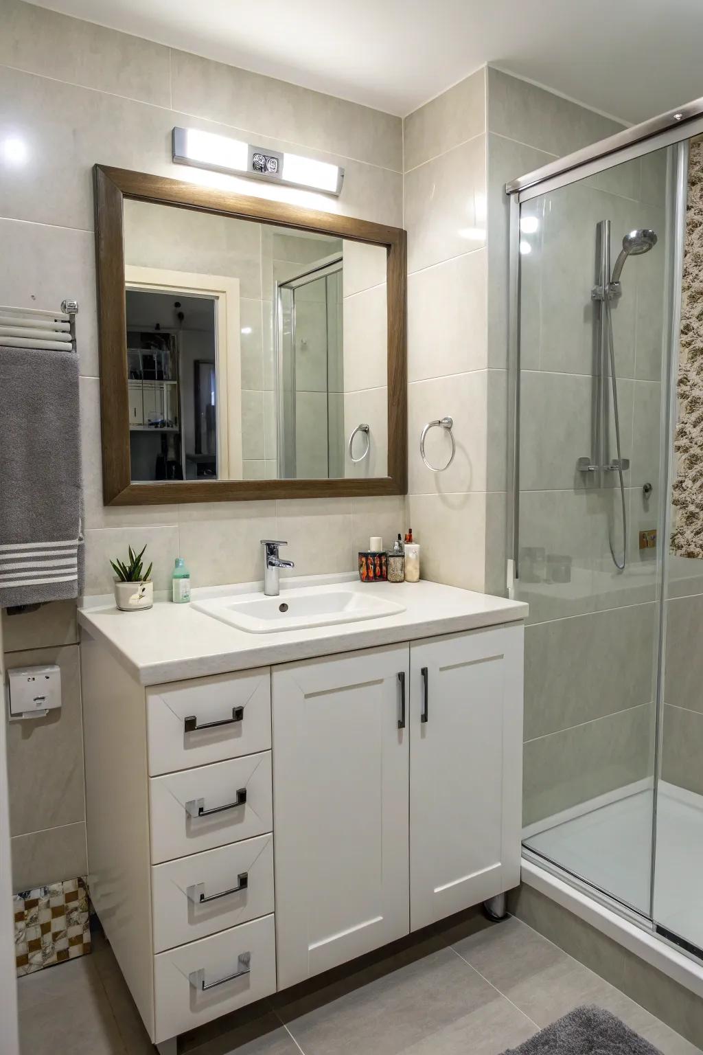 A corner vanity seamlessly merges style and storage.