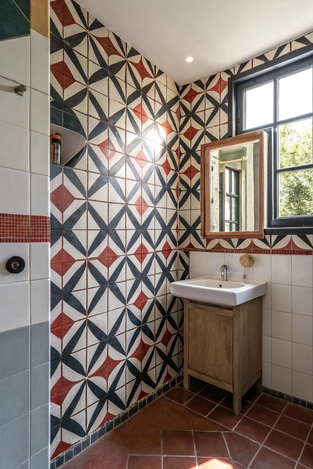 Innovative tile designs add personality to bathroom corners.