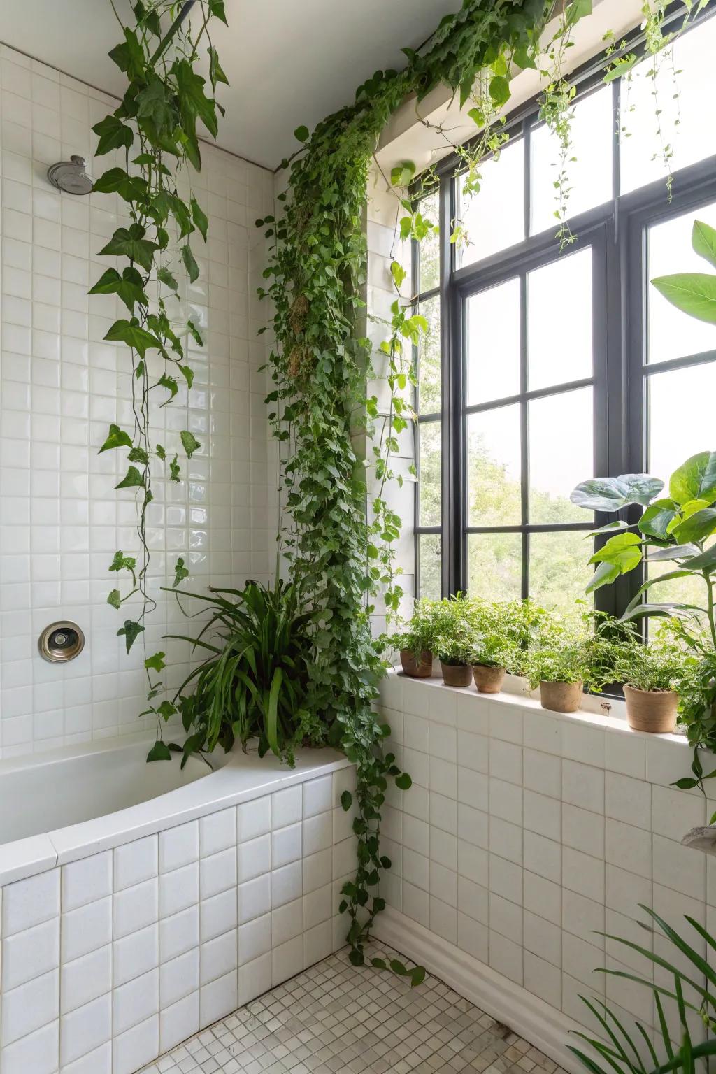 Vertical greenery introduces a refreshing touch to bathroom corners.