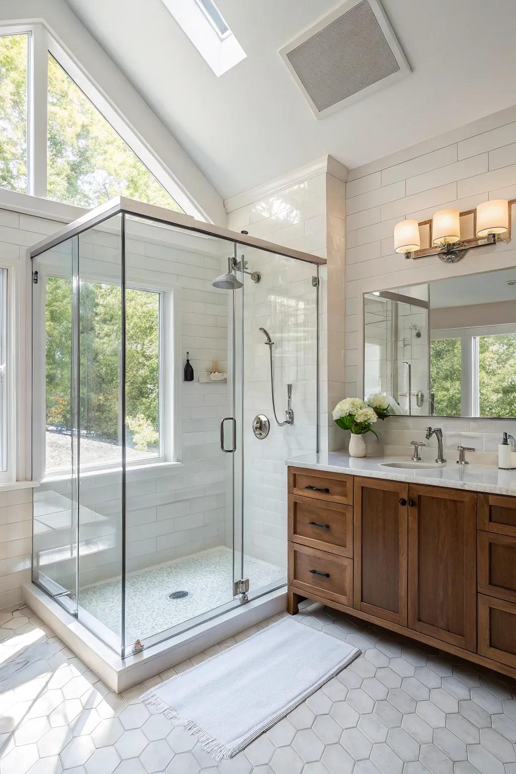 A glass-enclosed corner shower beautifully maximizes available light and space.