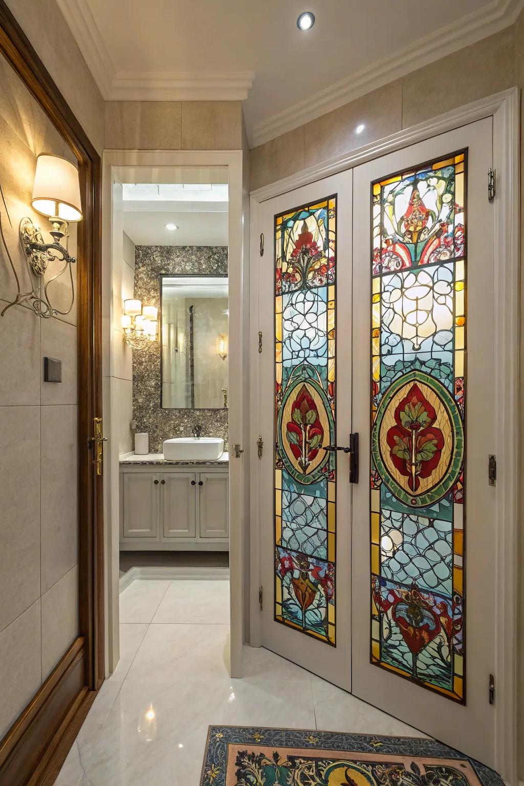 Stained glass panels bring color and luxury to bathrooms.